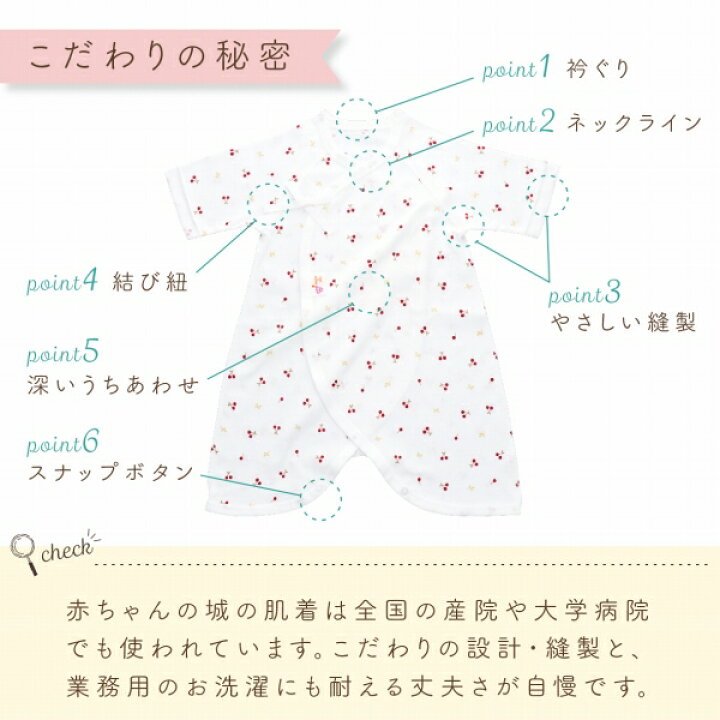 楽天市場 キッズデザイン賞受賞 赤ちゃん 肌着 春 夏 秋 冬 日本製 男の子 女の子 ベビー肌着 コンビ肌着 出産準備 出産祝い 新生児 チェリー 総柄 綿100 フライス オールシーズン 赤ちゃんの城 百貨店ブランド 赤ちゃんの城楽天市場店