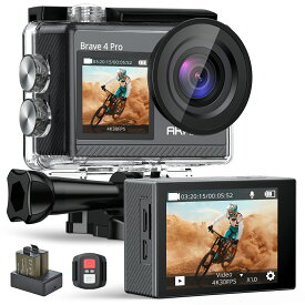 AKASO アクションカメラ 4K 20MP解像度 タッチパネル式 デュアルカラースクリーン 40M防水 水中カメラ 手ぶれ補正 外部マイク対応 WiFi搭載 リモコン付き 1350mAhバッテリー2個付 Brave 4 Pro