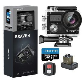 AKASO アクションカメラ Brave4 4K 20MP 64GBSDカード付き 手振れ補正 WiFi/外部マイク対応 小型 水中カメラ 30M防水 リモコン付き 5Xズーム 広角レンズ 1050mAhバッテリー2個付き ウェアラブルカメラ