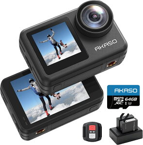 【64GBメモリーカード付き】AKASO Brave 7 LE 4Kアクションカメラ 20MP+IPX7防水/40m防水ケース付 六軸防振 デュアルタッチスクリーン WiFi/Type-Cマイク対応【タイムラプス・水中撮影可・リモコン付】