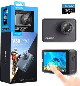 アクションカメラ AKASO V50Pro 4K/20MP 64GBSDカード付き ウェアラブルカメラ 水中カメラ 30M防水(防水ケース付属) EIS手ぶれ補正 Wi-Fi付 1100mAh×2 タッチパネル スポーツカメラ リモコン付
