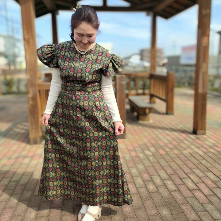 花柄 きく 上質紬＊前開きタックワンピース＊着物リメイク＊羽織＊ 