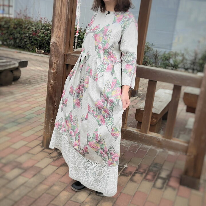 楽天市場】着物リメイク 正絹紬 七分袖 ワンピース1点物 白地赤  