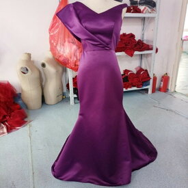 高品質！パーティードレス 光沢サテン 紫 短トレーン 憧れのドレス エレガント 華やか シアーな美しさ