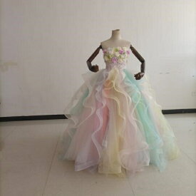 カラードレス レインボースカート ベアトップ 上質オーガンジー 3Dバラの花 結婚式 演奏
