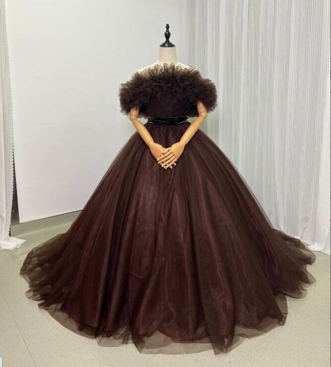 楽天市場】チョコレートブラウンのチュールドレス 取り外しオフ  