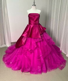 カラードレス ビビッドピンク ベアトップ チュールスカート デザイン感 プリンセスライン 結婚式 前撮り