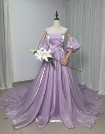 パーティードレス オーキッド ベルスリーブ 編み上げ 光沢感 可愛い 二次会 前撮り