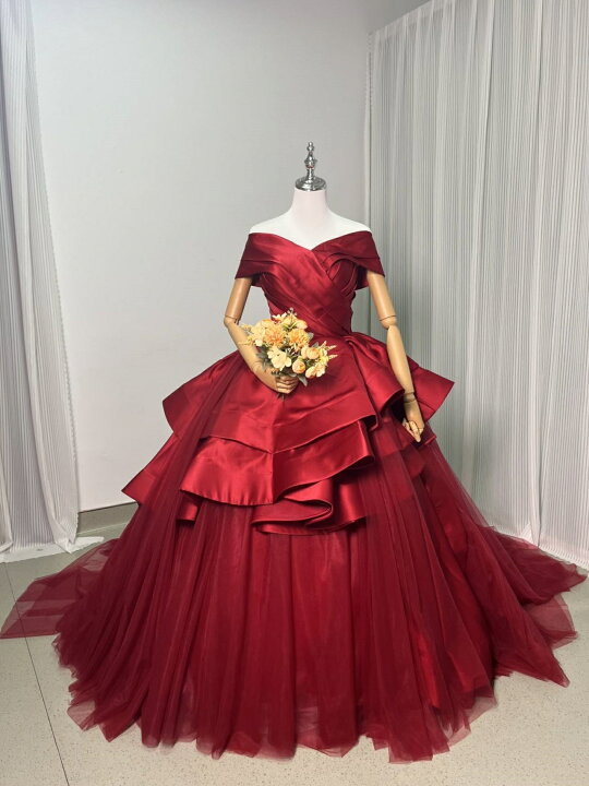 楽天市場】カラードレス 赤 オフショル プリンセスライン 2次会 挙式  