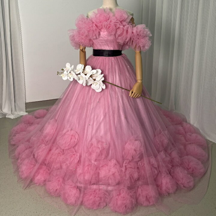 楽天市場】カラードレス ビビッドピンク オフショルダー 花モチーフ  