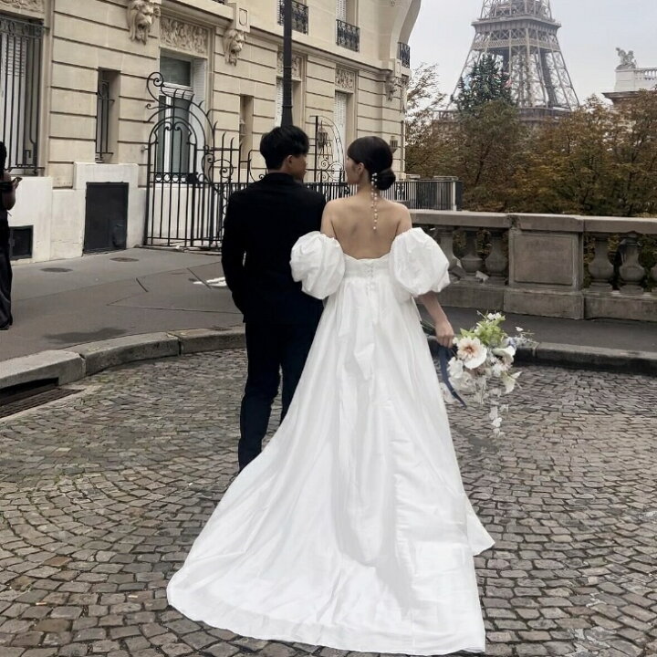 楽天市場】実例写真！2wayパフスリーブウエディングドレス 高級シルク  