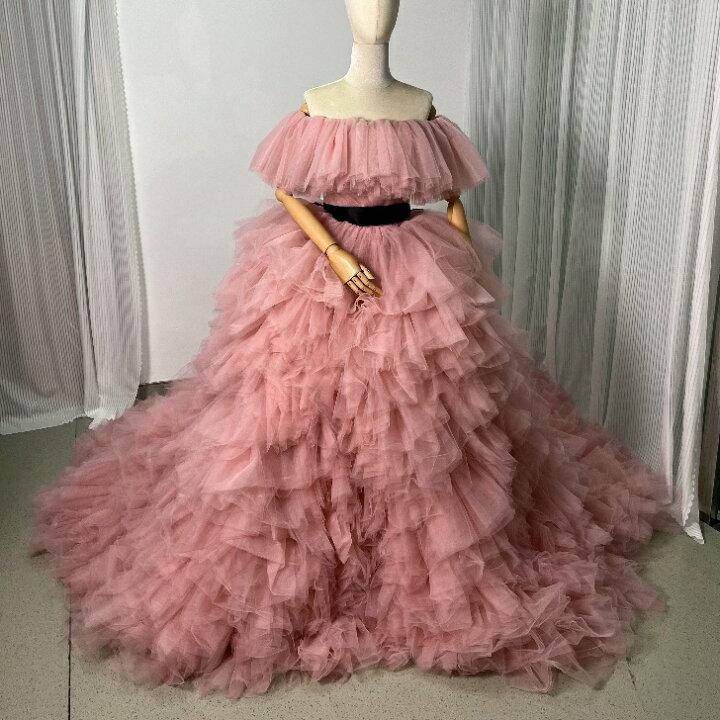 楽天市場】ピンクチュールカラードレス オフショルダー サッシュベルト  