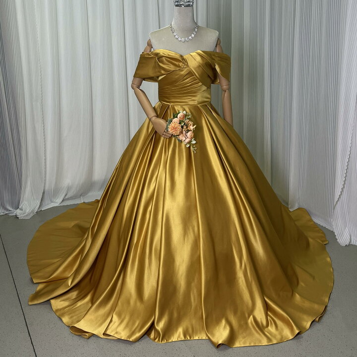 楽天市場】ウエディングドレス ゴールド オフショルダー 光沢サテン  