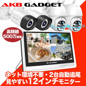 「年末限定・8,900円お得HDD無料倍増」防犯カメラ セット 店舗用 家庭用 ワイヤレス 屋外 wifi 監視カメラ 4台 PTZ防犯カメラ2台　パレット防犯カメラ2台　12インチ モニター付き 無線 赤外線 スマホ遠隔監視 500万画素 防水 H.265録画対応 アキバガジェット