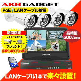 ＼ポイント10倍・さらに期間キャンペーン／防犯カメラ 屋外 PoE給電 500万画素 家庭用 セット カメラ4台 モニター付き HDD内蔵 AI人感検知 LED防犯灯 夜間フルカラー撮影 広角レンズ 工事不要 スマホ遠隔監視 録画機能 ネット環境不要 アキバガジェット製 監視カメラセット