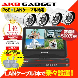 防犯カメラ 屋外 PoE給電 ネット環境不要 500万画素 セットカメラ4台 モニター付き HDD内蔵 AI人感検知 防犯灯 人感センサー スマホ遠隔監視 24時間録画 監視カメラセット 家庭用 業務用 アキバガジェット