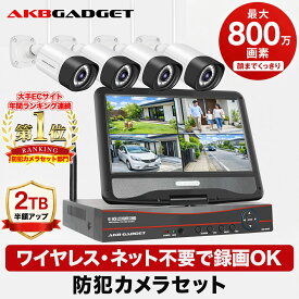 「1,000円クーポン」防犯カメラ 屋外 家庭用 モニター付き 4台セット 屋外対応 ネット不要 工事不要 電源差すだけ ワイヤレス自動接続 夜間カラー録画 最大800万画素 10インチ液晶 楽天1位 アキバガジェット