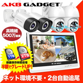 ＼期間限定・1TB→2TB半額で倍増／防犯カメラ セット 店舗用 家庭用 ワイヤレス 屋外 wifi 監視カメラ 4台 PTZ防犯カメラ2台　パレット防犯カメラ2台　12インチ モニター付き 無線 赤外線 スマホ遠隔監視 500万画素 防水 H.265録画対応 アキバガジェット