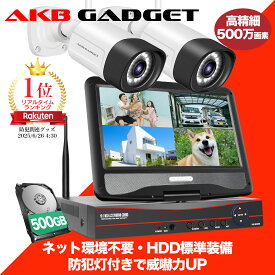 ★楽天1位★防犯カメラ 屋外 家庭用 ワイヤレス wifi カメラ2台セット モニター付き HDD付き LED防犯灯付き 赤外線モード スマホ遠隔監視 夜カラー撮影 10台まで増設可 ネット環境不要 アキバガジェット