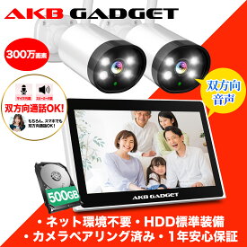 防犯カメラ 屋外 家庭用 最大800万画素 カメラ2台セット ワイヤレス 監視カメラ 工事不要 wifi不要 ネット環境不要 モニター付き 双方向通話 常時録画 夜間カラー撮影 AI人感検知 防犯灯付き 防水防塵 スマホ 駐車場500GB アキバガジェット