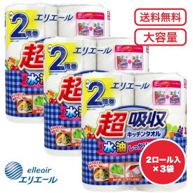 【まとめ買い セット販売】エリエール 超吸収キッチンタオル 長さ2倍 100カット×2ロール入 キッチンペーパー ナプキン 厚手 大容量 送料無料 エンボス加工 パイプ100％ 日本製