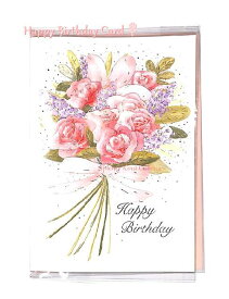 【 お誕生日 カード 】ピンクローズの花束　ハッピーバースデー カード GC-14345 Happy Birthday 立体カードバラ お花 デザイン おたんじょうび カード ばら 立体加工 ピンクゴールド 箔押し 花束 はな 【3cmメール便OK】