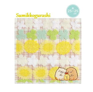 【 Sumikko グッズ 】 すみっコぐらし ミニタオル CM-36104 イエロー系約25×25cm サイズ すみっこぐらし ねこ とんかつ えびふらいのしっぽ ハンドタオル 刺繍アップリケ クローバー たんぽぽ 汗