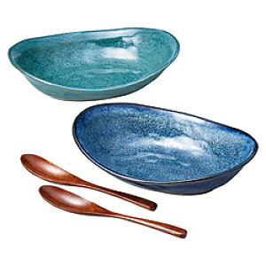 M-mode オーバル カレー鉢 皿 木製スプーン付 ペアセット 釉変わり 02363