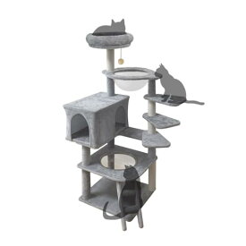 RAKU 猫タワー 木製キャットタワー 据え置き 大型猫 スタンダード式 猫キャットタワー 多頭飼い ねこ部屋付き 安定性 組み立て簡単 日本語説明書付き (グレー)