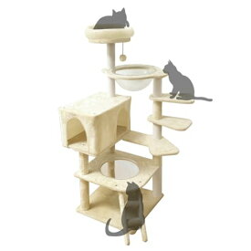 RAKU キャットタワー シニア猫 太った猫 短足猫 子猫向け 透明ボウル 宇宙船付き 高さ約130 cm 多頭飼い 猫ハウス 角丸加工 掃除簡単 多ステップ 階段付き ホワイトコットン支柱 爪とぎポール