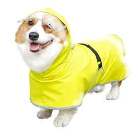 GIIPET 犬用レインコート 猫犬兼用 カッパ 小型犬 中型犬 大型犬 透明帽子付き 防水 防風 速乾 軽量 反射テープ付き マジックテープ調整 着脱簡単 リード穴 散歩 梅雨対策 (イエロー, 3.5-5kg)