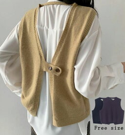 バックボタン コットン ニットベスト レディース トップス ニットベスト ショート ニット バックスリット ノースリーブ 綿 重ね着 レイヤード 無地 20代30代40代 送料無料 春秋冬
