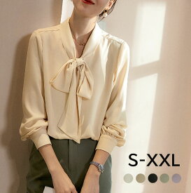 サイドスリット入り ボウタイブラウス ボウタイ リボンブラウス レディース シャツ 長袖 シフォン オフィス フォーマル 大きいサイズ スキッパーシャツ ワイシャツ きれいめ ナチュラル スーツ ビジネス 事務 OL 卒園 入学 30代40代 送料無料
