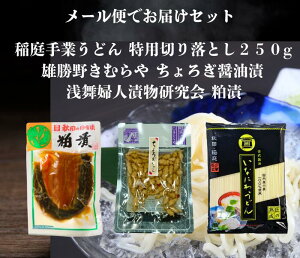 送料無料 浅舞婦人漬物研究会 粕漬 と 雄勝野きむらやちょろぎ醤油漬け 稲庭手業うどん切り落とし250g セット メール便でお届けします