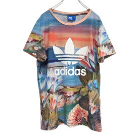 古着　アディダスオリジナルス　adidas originals　Tシャツ　半袖　フラワー　花柄　ピンク系　ボタニカル　レディース　ユニセックス　サイズXS　キッズ160　韓国　中古　ヴィンテージ　ユーズド　トレフォイル　スリーストライプ