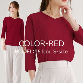 f31 限界価格 超お得 人気の七分袖 VネックTシャツ レディース7分袖モテカワ系 レッド赤 細身 タイト キレカジ アメカジ s m l ll xlトップス Tシャツ カットソー 七分袖 無地 シンプル 無地 vネック インナー アクセONE 新作 服 冬 秋冬 冬服 冬物