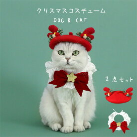 ペットコスチューム蝶結び帽子2点セットクリスマス風猫犬キャットドッグネックレス可愛い猫用首輪かわいいおしゃれクリスマスネックレスクリスマス首輪くびわSML