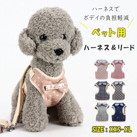 ペット用品小型犬用ハーネスとリードの2点セットベスト型ハーネス（胴輪）＆リードボディに優しい軽量メッシュ通気性あり肌触りいい表地クリップでワンタッチ簡単着脱簡単調整カワイイ色柄デザイン全7色