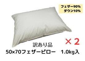 【まとめ割】50×70フェザーピロー　1.0kg入り【訳あり品】2個セット。フェザー90％・ダウン10％【ネームタグを切り取った跡があります】【異原糸があります】ダウンプルーフ