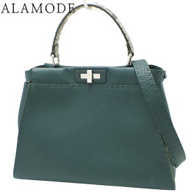 FENDI(フェンディ) ピーカブー レギュラー ハンドバッグ ショルダー 2way 肩掛け ミディアム カーフ パイソン ダークグリーン グレージュ シルバー金具 8BN290 レディース 40802163415【中古】【アラモード】