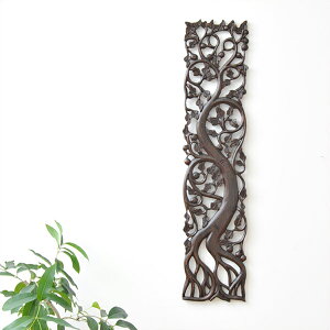 木製レリーフカービングツリー アジアン雑貨 バリ雑貨 おしゃれ ウッド マホガニー 無垢材 花柄 人気 彫刻 壁面 オブジェ 飾り パネル 玄関 リビング プレゼント ギフト 【50389】インテリア