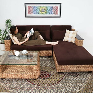 ウォーターヒヤシンス デイベットソファー カウチソファー L字型ソファ アジアン家具 マホガニー無垢肘 バリ リゾートおしゃれ モダン ウェービングベルト 5層ウレタンクッション 安心1年