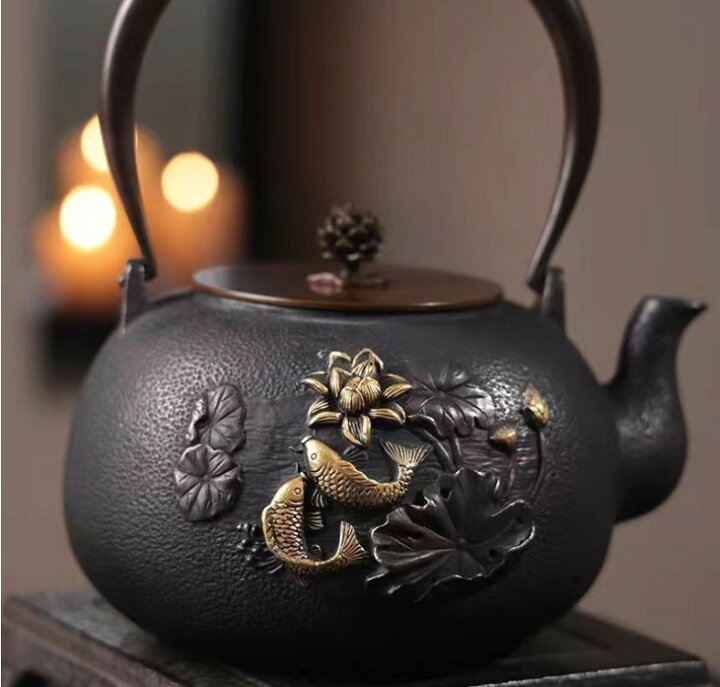 楽天市場】典工堂鉄瓶無コーティング金細工双魚戯荷鋳鉄壺生鉄分補給  