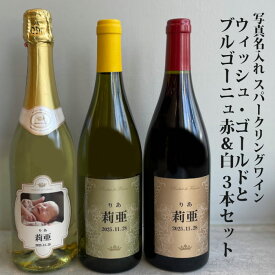 出産内祝 出産内祝い 内祝 内祝い お祝い ギフト 赤ちゃん ワイン 可愛い ラベル 木箱入り セット　ワインセット プレゼント 高級 父の日 母の日 記念日 ボトル 写真名入れ ブルゴーニュ 赤 白 スパークリングワイン ウィッシュゴールド 3本セット 桐箱入り 750ml al404