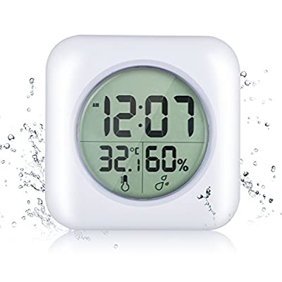: Emate 防水時計 デジタル 温湿度計 防水クロック バスルーム時計 置き時計 お気に入 日本語簡易説明書付属 ホワイト 壁掛け 大画面 吸盤 予約