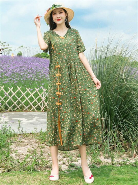 楽天市場 ワンピース レディース 花柄ワンピース ロング丈 綿麻風 リネンワンピース 綿麻ワンピース リゾート 半袖 春夏 夏ワンピース 涼しい きれいめ カジュアル お洒落 旅行 森ガール 着やせ 大人 民族風 女性らしい アルフィーネ
