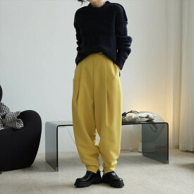 ボトムス パンツ センタータック サルエル ロング丈 ワイド ファスナー ポケット 大人可愛い シンプル カジュアル 大人 おしゃれ 大人女子 こなれ感 メンズライク マニッシュ ボーイッシュ 個性的 クール モード系 パンツ 黄色 黒 無地 体型カバー 裾ファスナー 送料無料