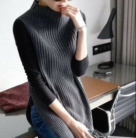 トップス ニット ベスト リブ 膝丈 ノースリーブ ハイネック オーバーサイズ 伸縮性 かわいい 大人可愛い きれいめ シンプル カジュアル 大人 上品 おしゃれ 大人可愛い 大人女子 こなれ感 ラブリー クール 無地 サイドスリット 重ね着 ベスト 休日 学生 秋 冬 送料無料