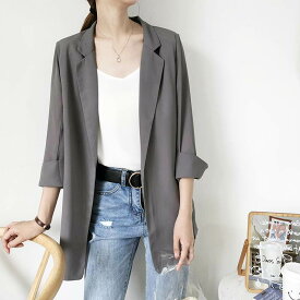 アウター ジャケット 薄手 日除け シフォン 7分袖 長袖 襟付き ストレート 前開き ゆったり 大人可愛い きれいめ シンプル カジュアル 上品 おしゃれ かっこいい レトロ 大人女子 こなれ感 ラフ クール 抜け感 無地 春 夏 灰色 白 黒 紫ジャケット S M L XL 2XL 送料無料
