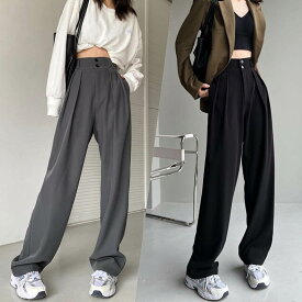 ボトムス パンツ ロング丈 ストレート ワイド ポケット ハイウエスト ツータック 送料無料 個性的 XS S M L XL 2XL グレー 黒 かわいい 大人可愛い きれいめ シンプル カジュアル 大人 上品 おしゃれ かっこいい 大人女子 こなれ感 モード系 パンツ 無地 春 秋 冬 レディース